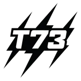 Črno-bel logotip s tremi strelami in številko t73.